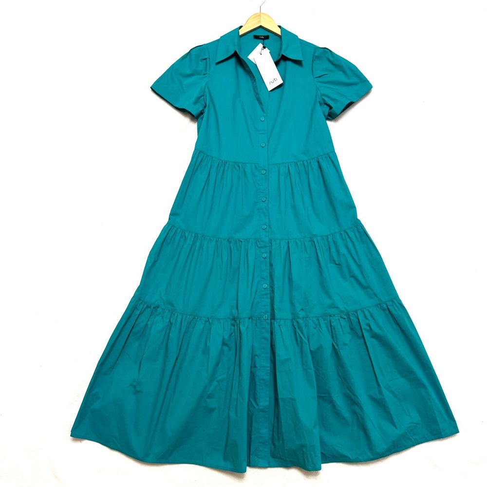 Ruti sz S Breaking Free Dress in Bright Teal Poplin Button Down Tiered Pleated